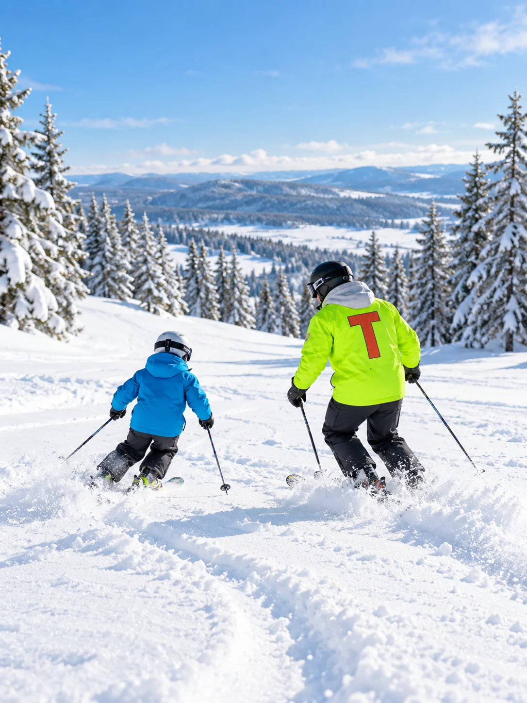 An instructor accompanying a child on snow