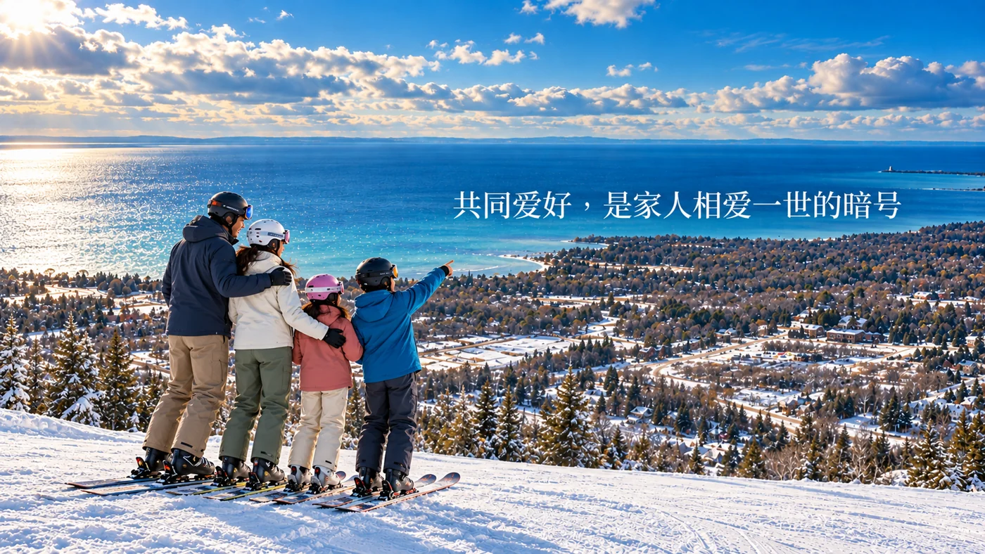 一家人并肩欣赏雪山,分享对冬天的热爱。