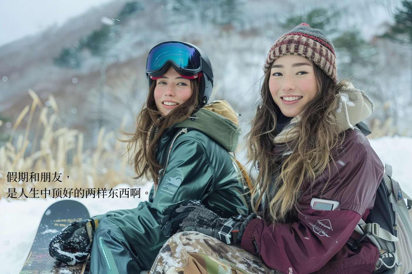 两位朋友在雪山分享快乐的冬日。