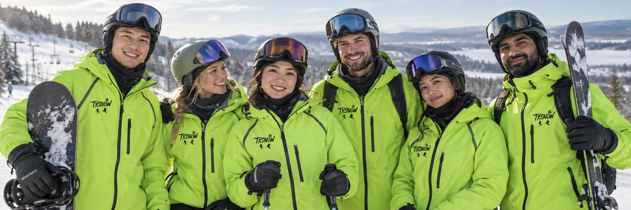 A welcoming group of TXSNOW ski and snowboard instructors in lime green uniforms