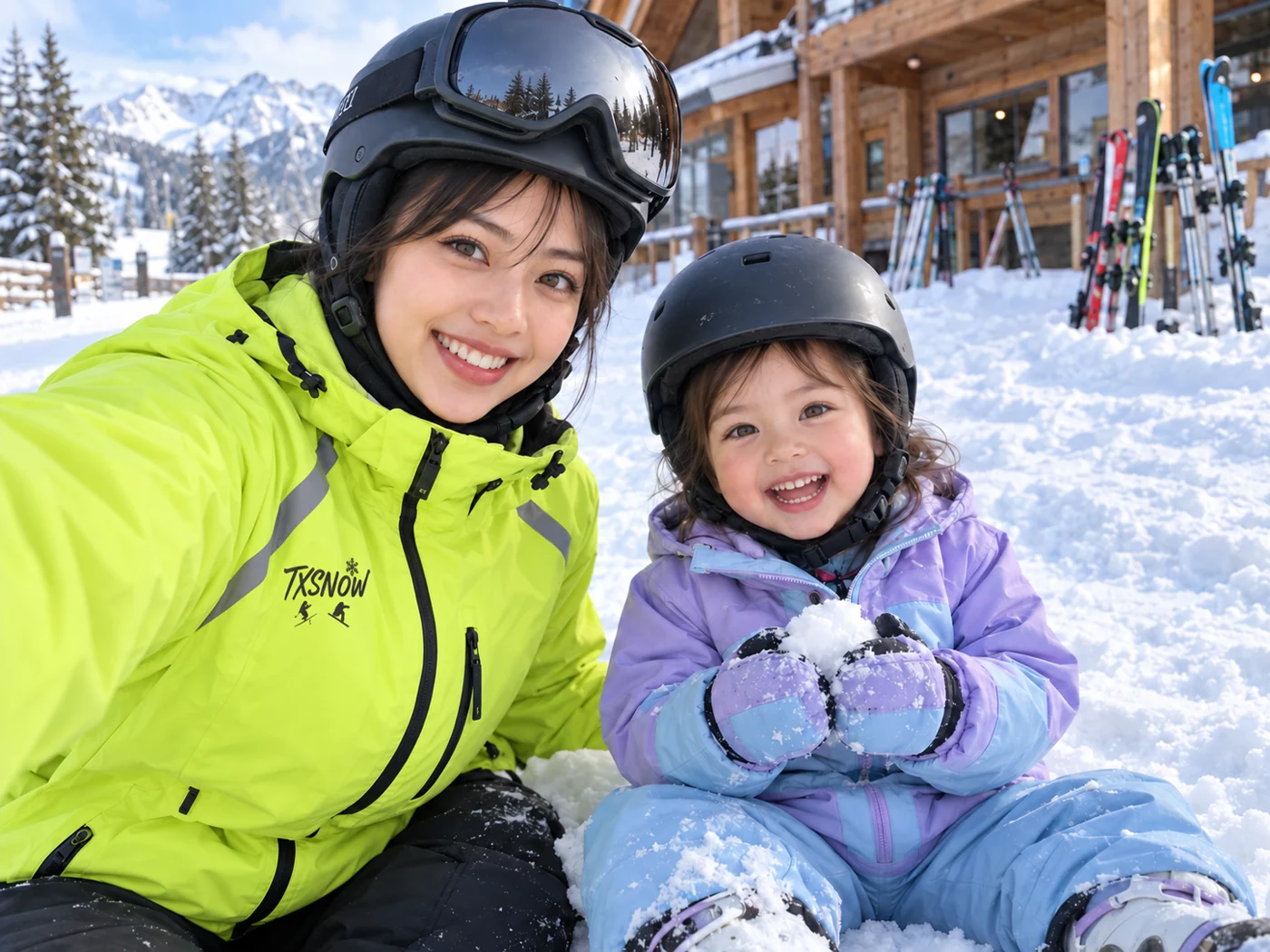 A child and their TXSNOW instructor smiling together