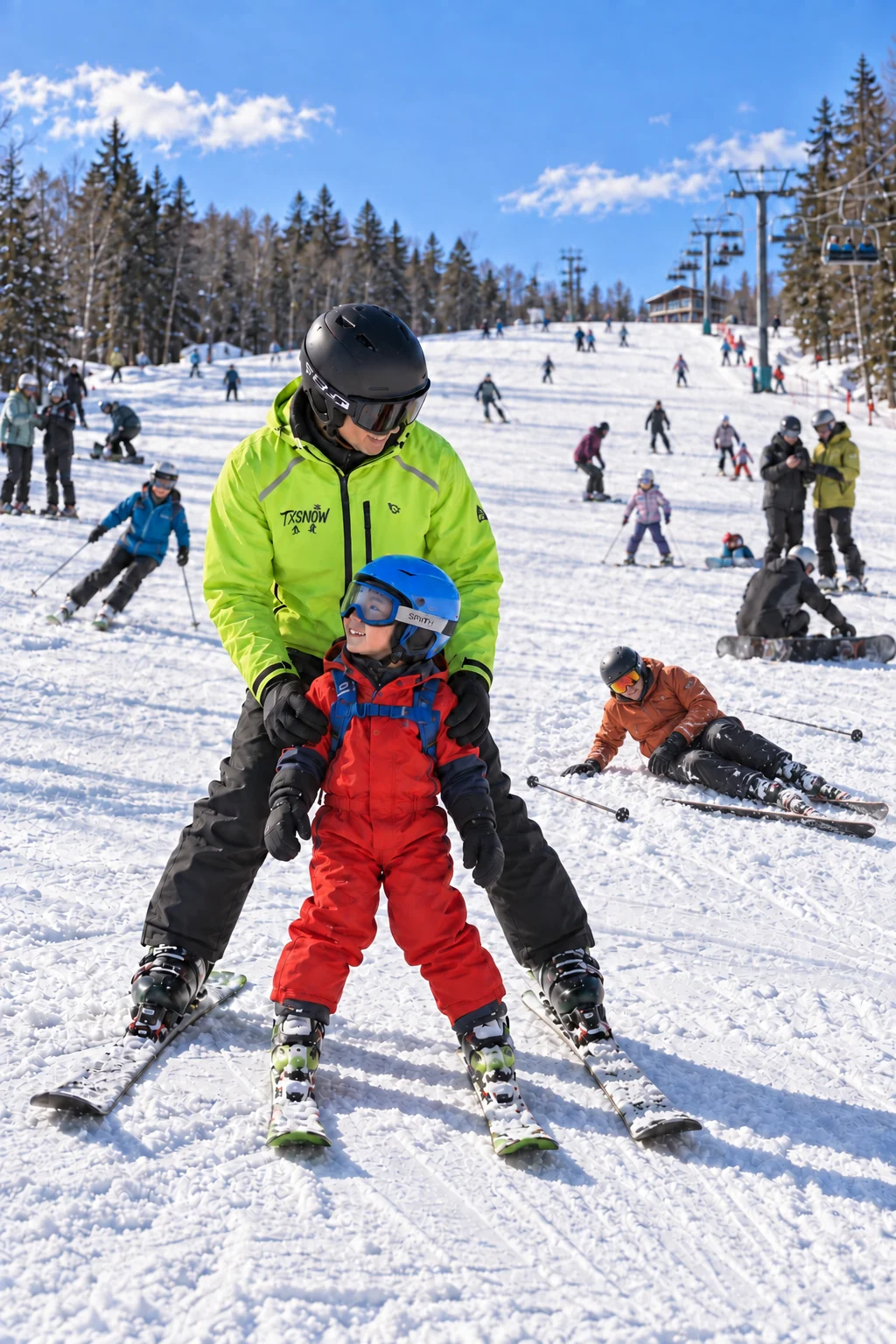 A TXSNOW instructor closely guiding a child on a busy beginner slope